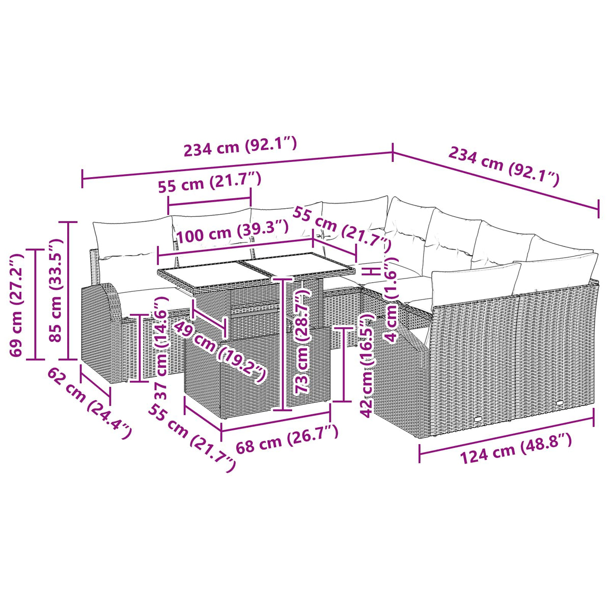 vidaXL Tuin Sofa Set met opslag 9 pcs Bruin poly rattan