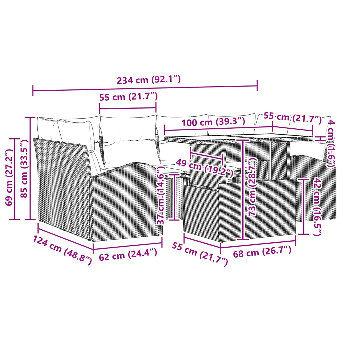 vidaXL Tuin Sofa Set met opslag 7 pcs Bruin en Rood poly rattan