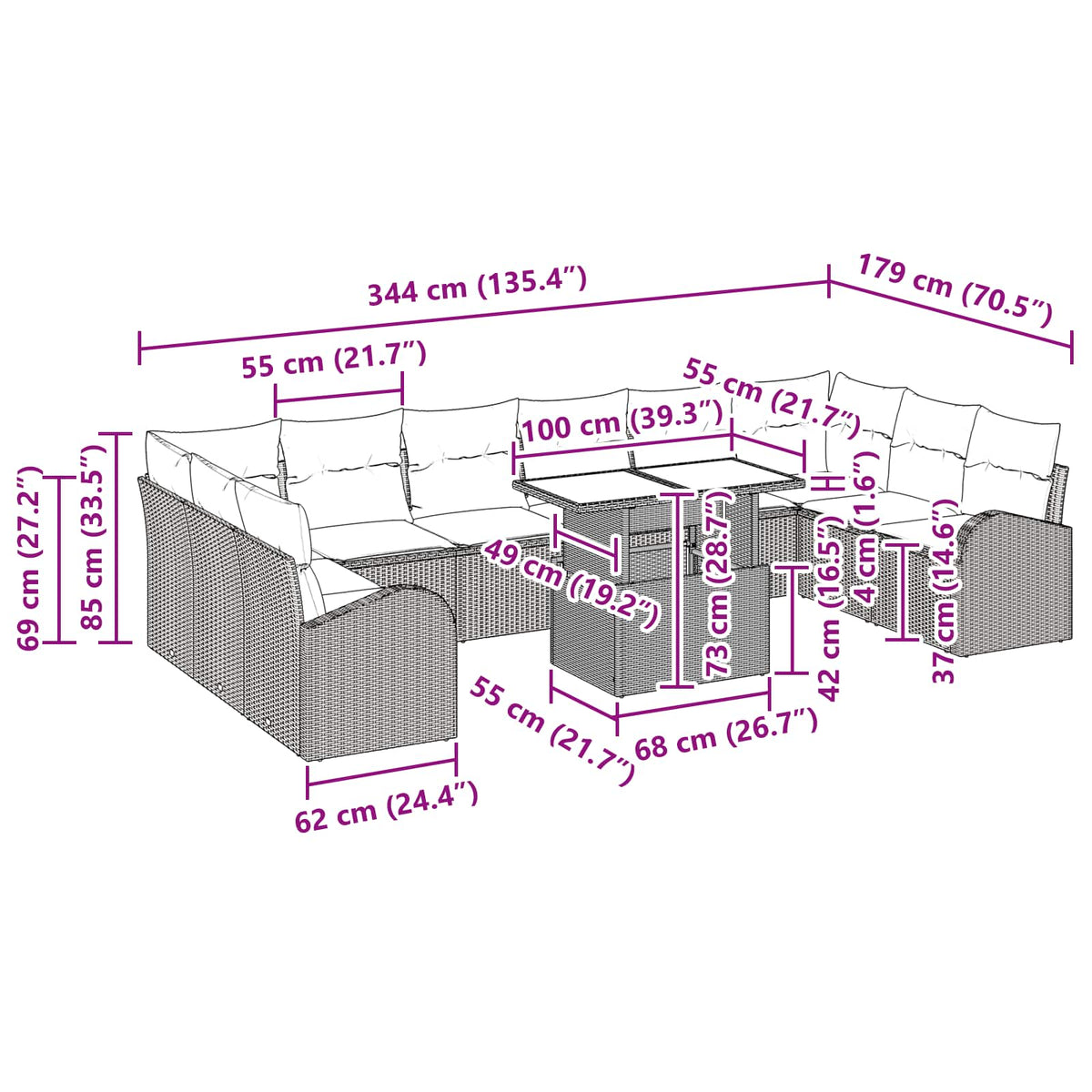 vidaXL Tuin Sofa Set met opslag met kussen 11 pcs Bruin poly rattan