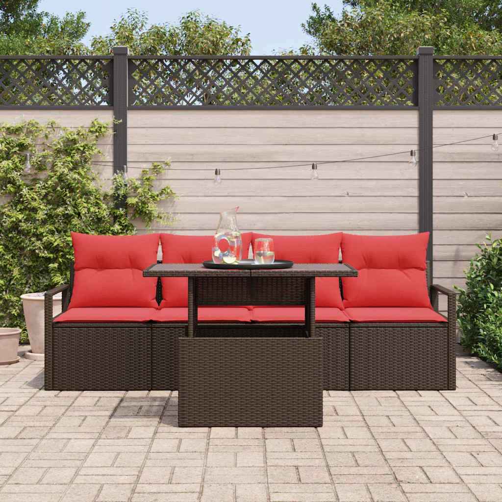 vidaXL Tuin Sofa Set met opslag 5 pcs Bruin en Rood poly rattan
