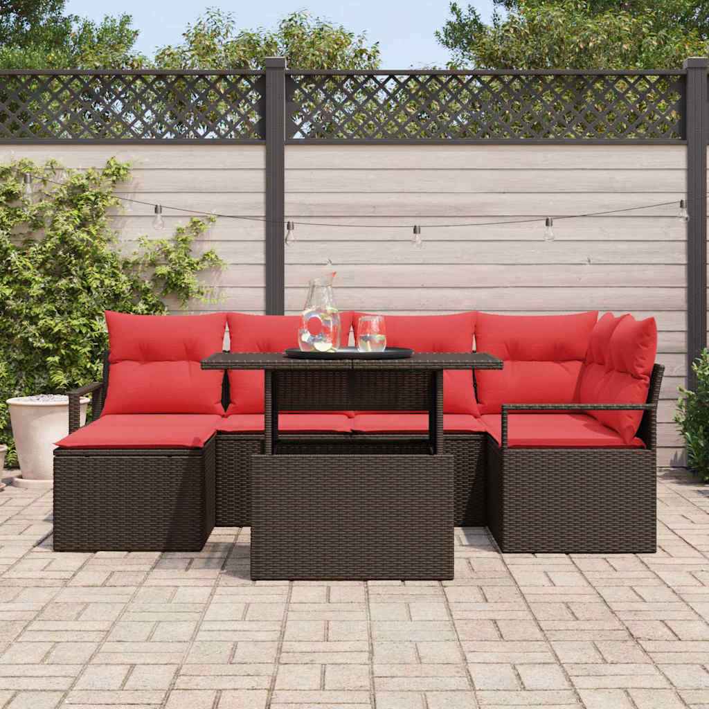 vidaXL Tuin Sofa Set met opslag 7 pcs Bruin en Rood Poly riet