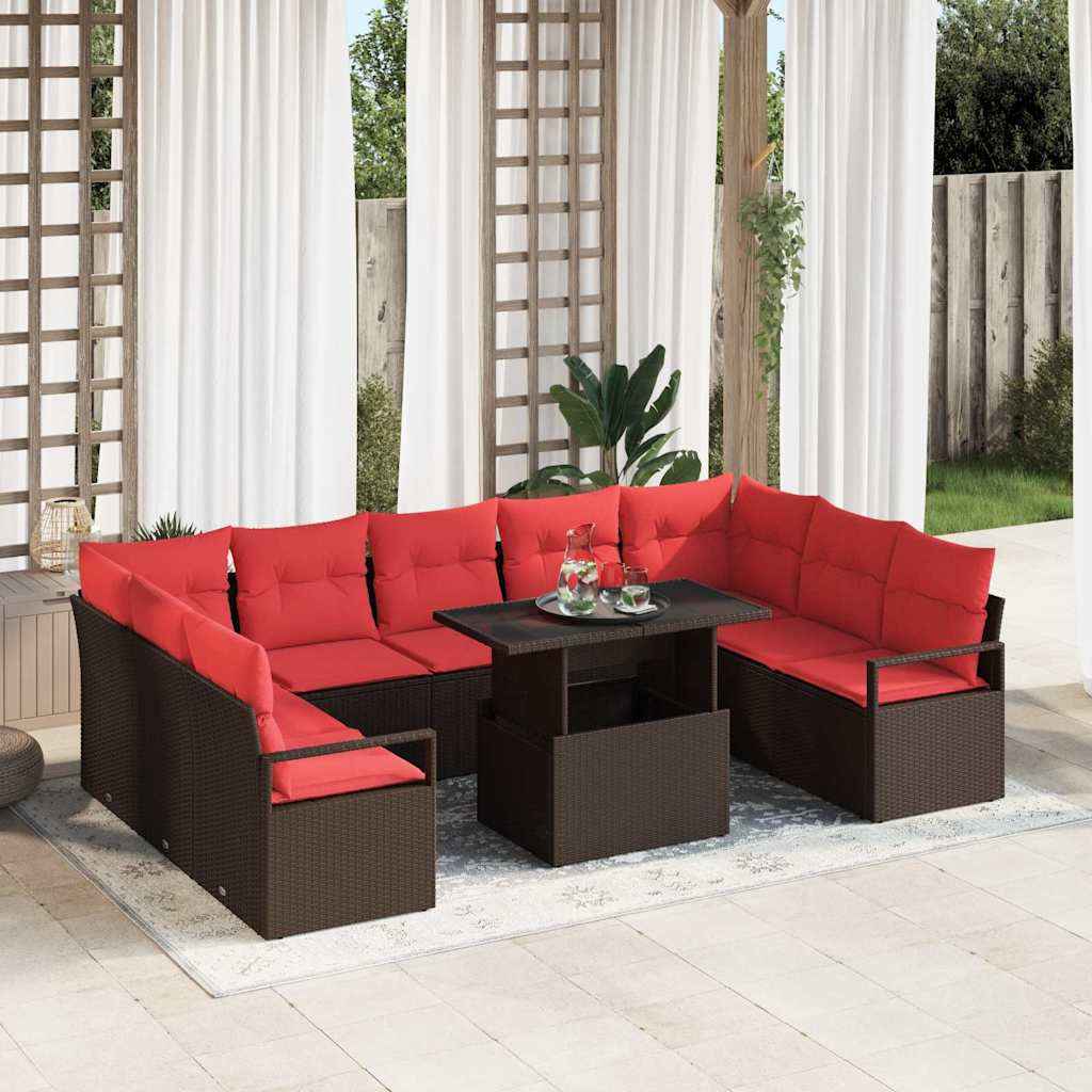 vidaXL Tuin Sofa Set met opslag 10 pcs Bruin en Rood Poly riet