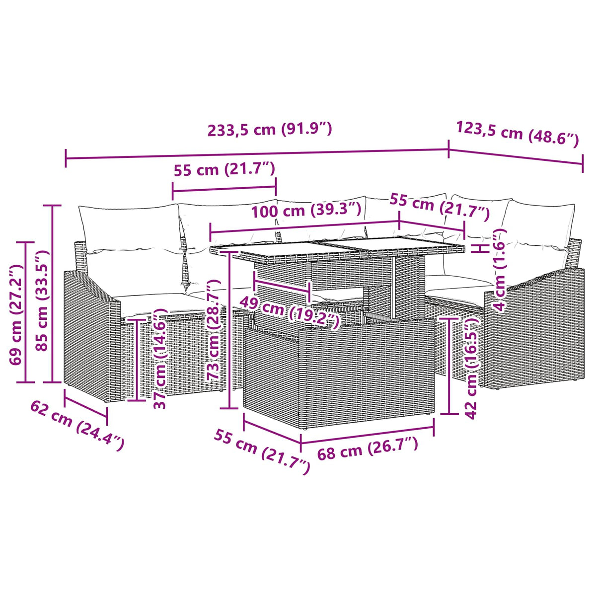 vidaXL Tuin Sofa Set met kussen 6 pcs Zwart en Blauw poly rattan