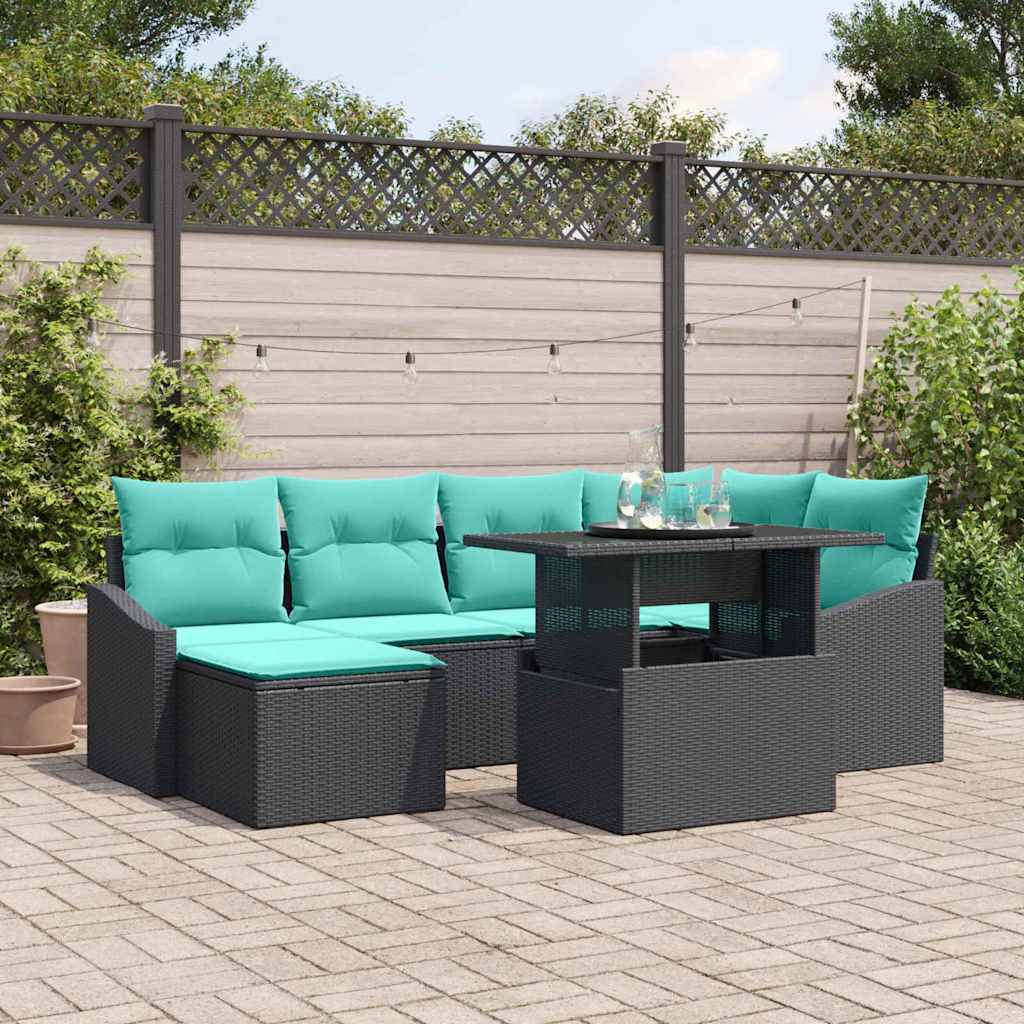 vidaXL Bankstel met kussen met opslag 7 pcs Zwart en Blauw Poly riet