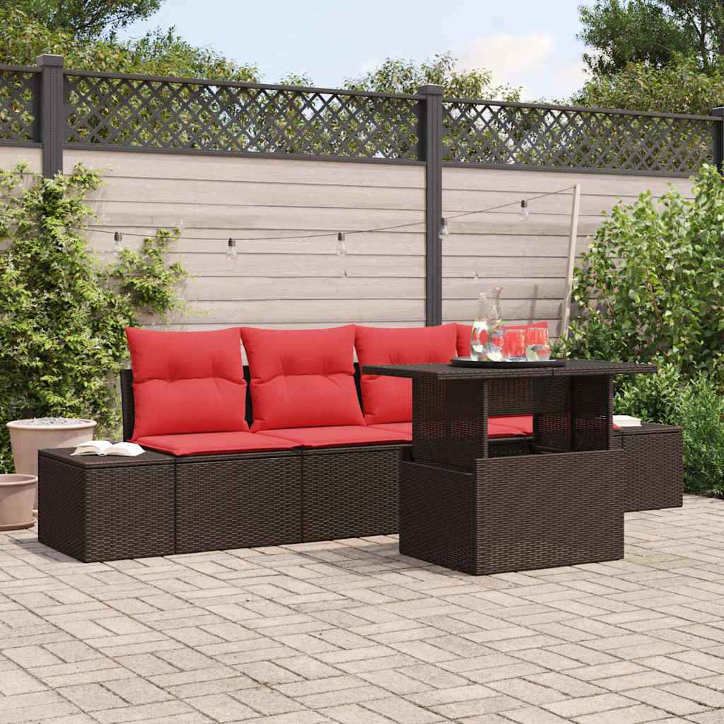 vidaXL Bankstel met kussen 5 pcs Bruin en Rood poly rattan