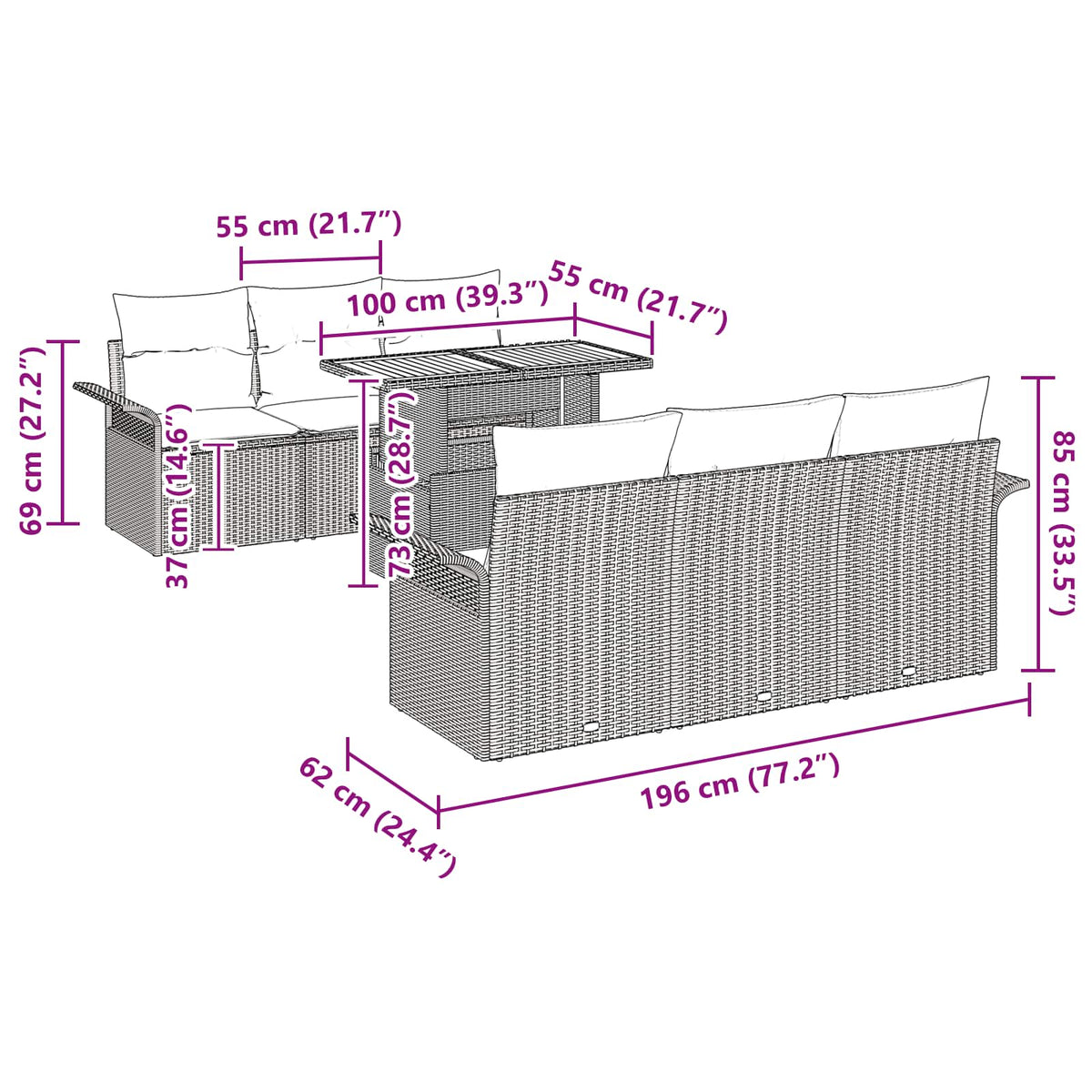 vidaXL Tuinbankenset met kussen 7 pcs Zwart en Blauw poly rattan