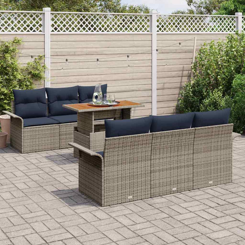 vidaXL Tuinbankenset met kussen 7 pcs Zwart en Blauw poly rattan