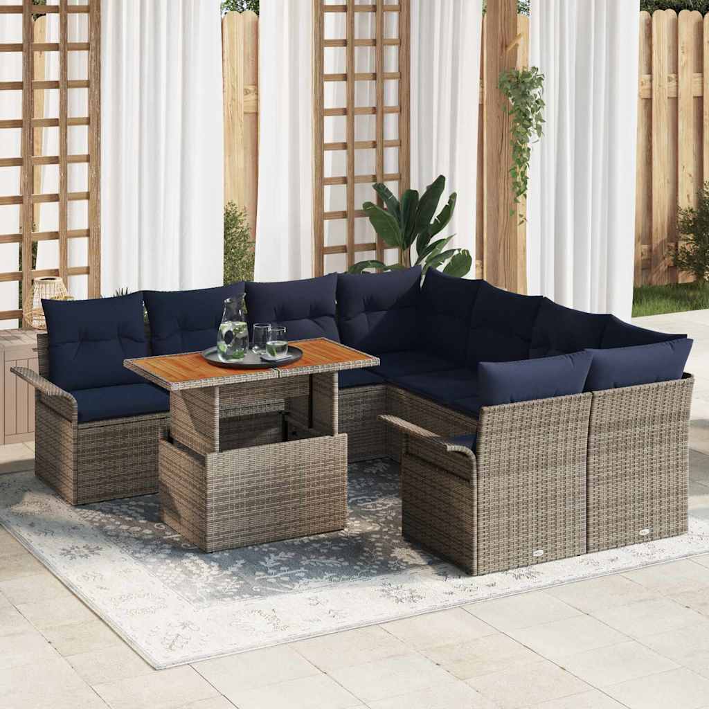 vidaXL Tuinbankenset met kussen 9 pcs Zwart en Blauw poly rattan