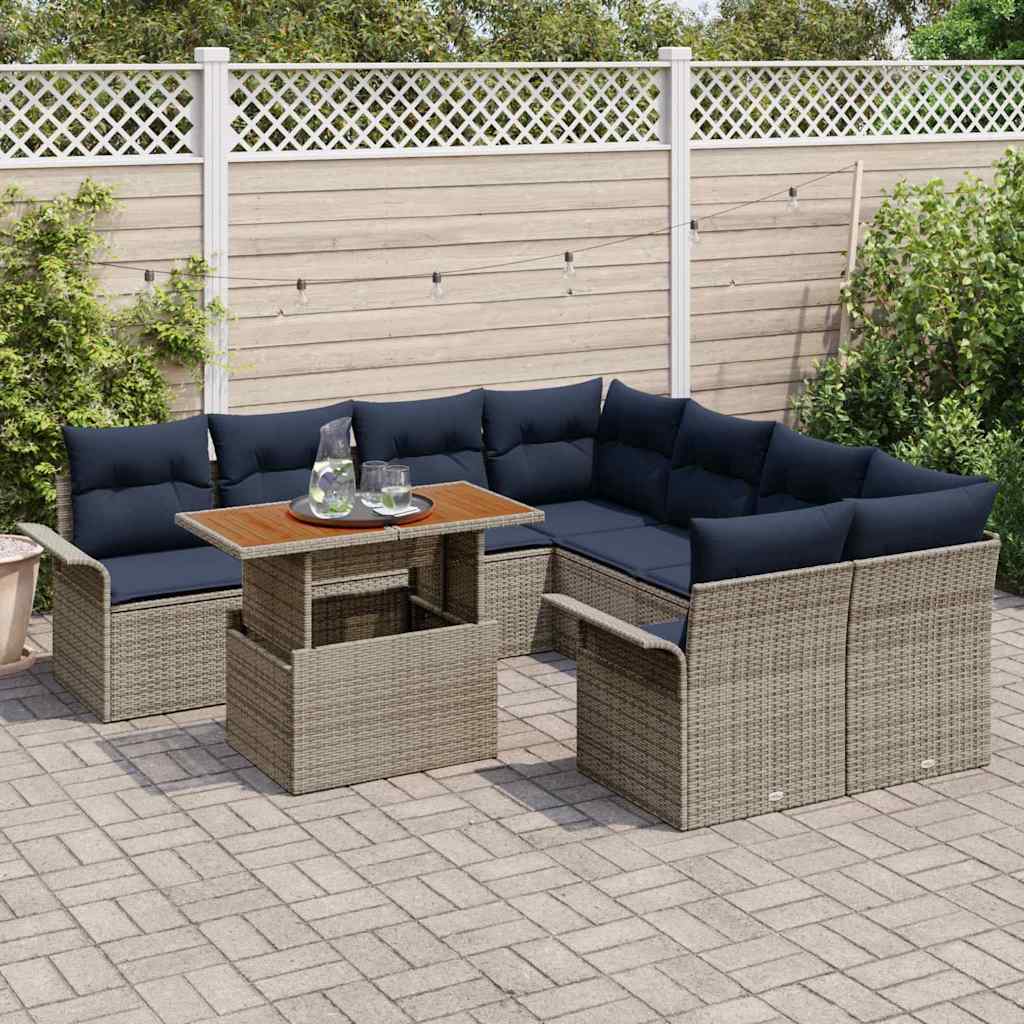 vidaXL Tuinbankenset met kussen 9 pcs Zwart en Blauw poly rattan