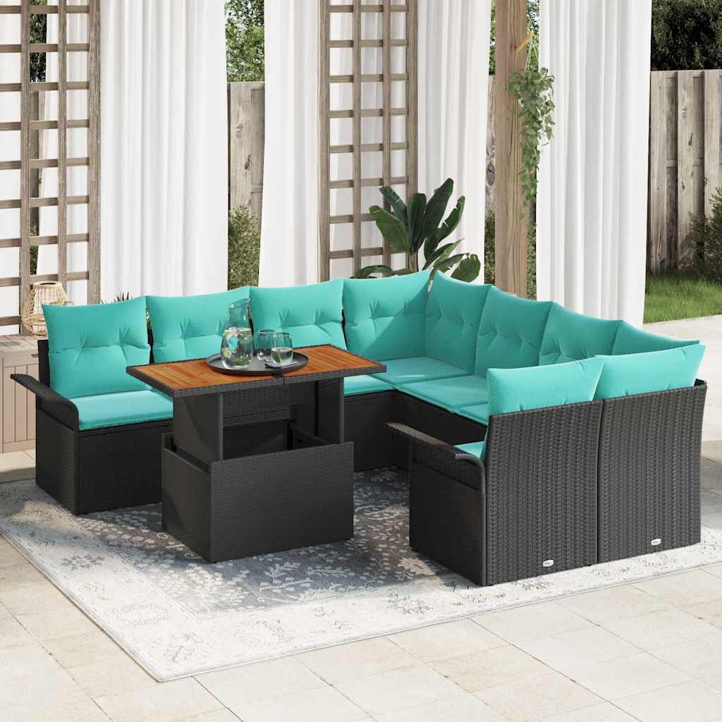 vidaXL Tuinbankenset met kussen 9 pcs Zwart en Blauw poly rattan