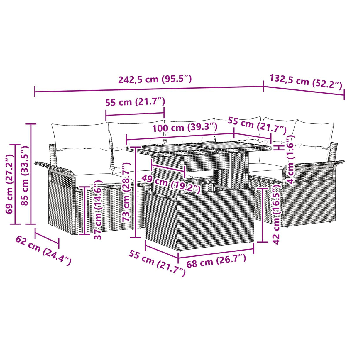 vidaXL Tuinbankenset met kussen 6 pcs Zwart en Blauw poly rattan