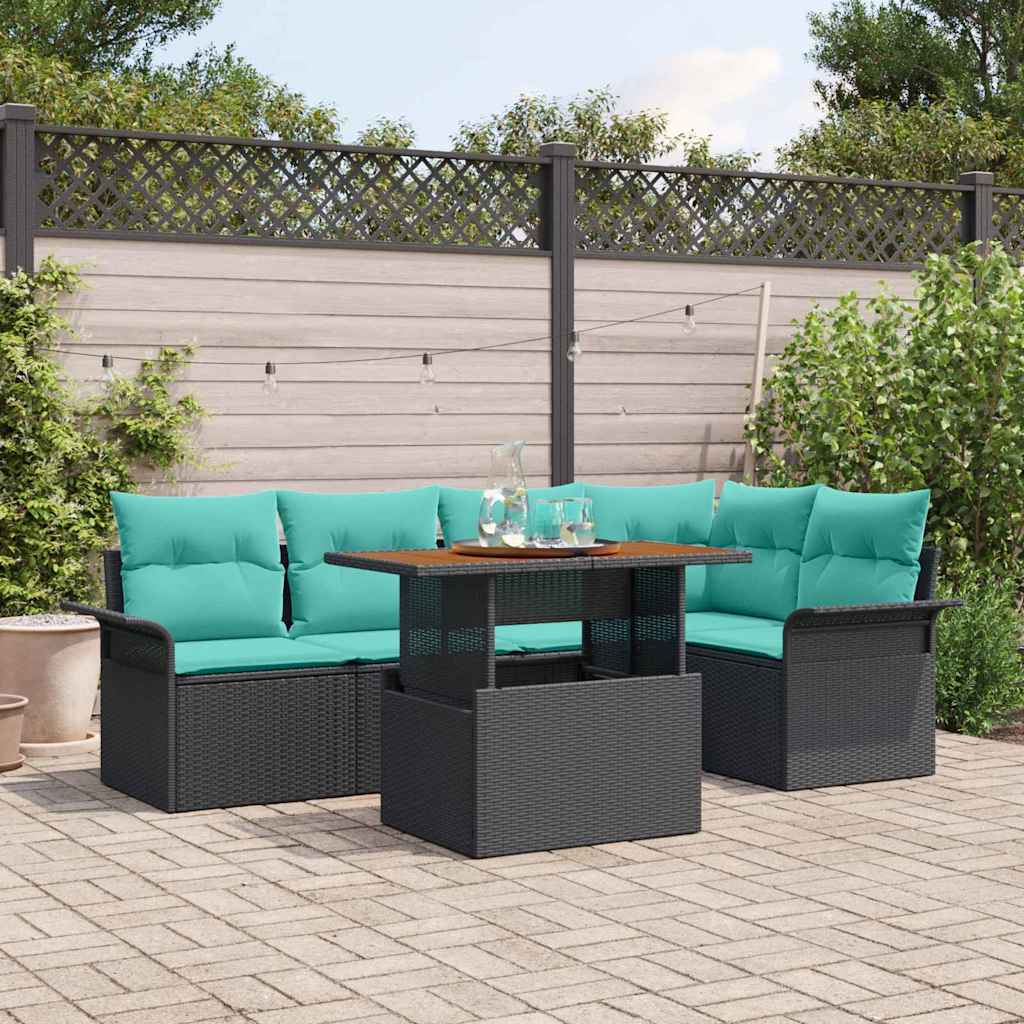 vidaXL Tuinbankenset met kussen 6 pcs Zwart en Blauw poly rattan
