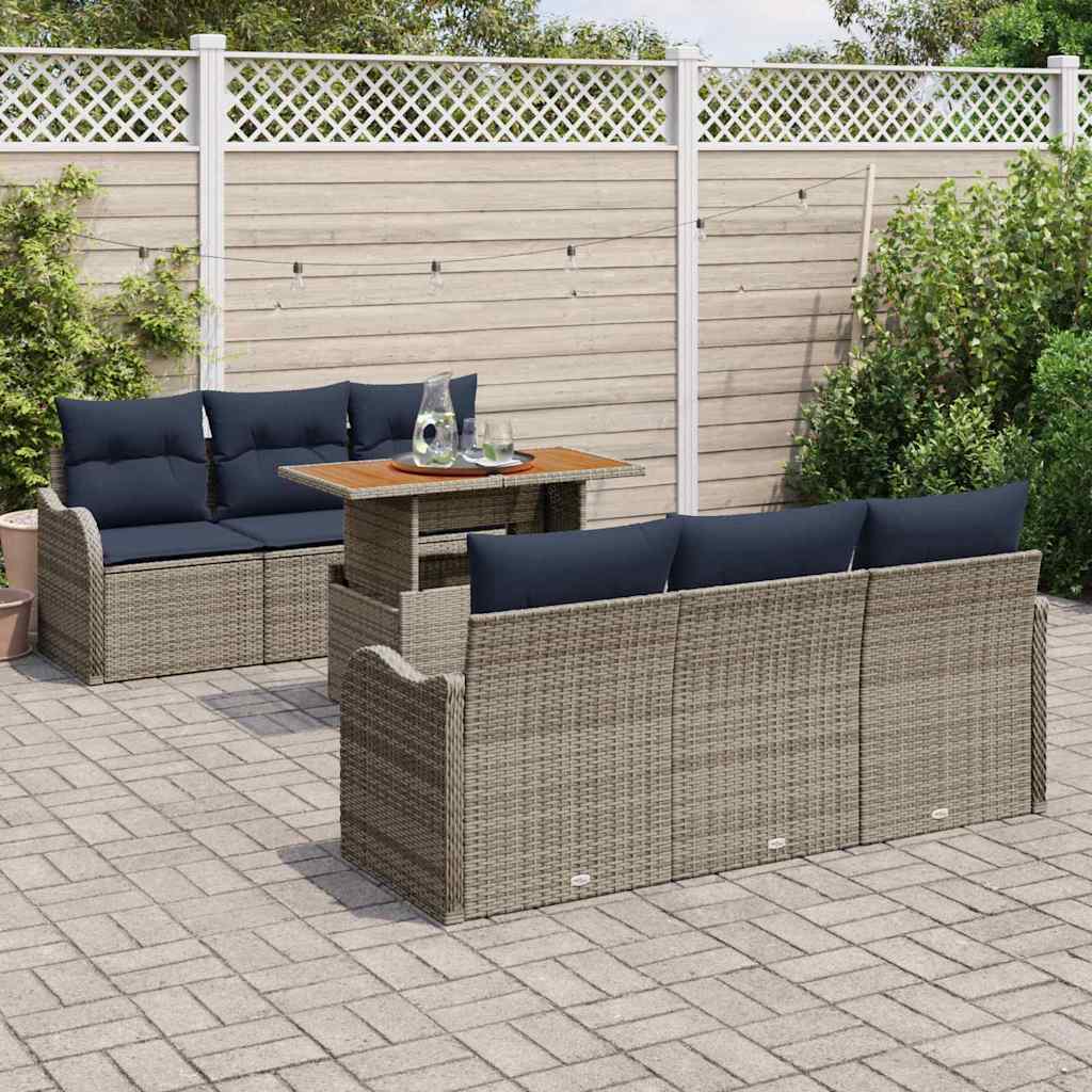 vidaXL Tuinbankenset 7 st Grijs en Marineblauw poly rattan