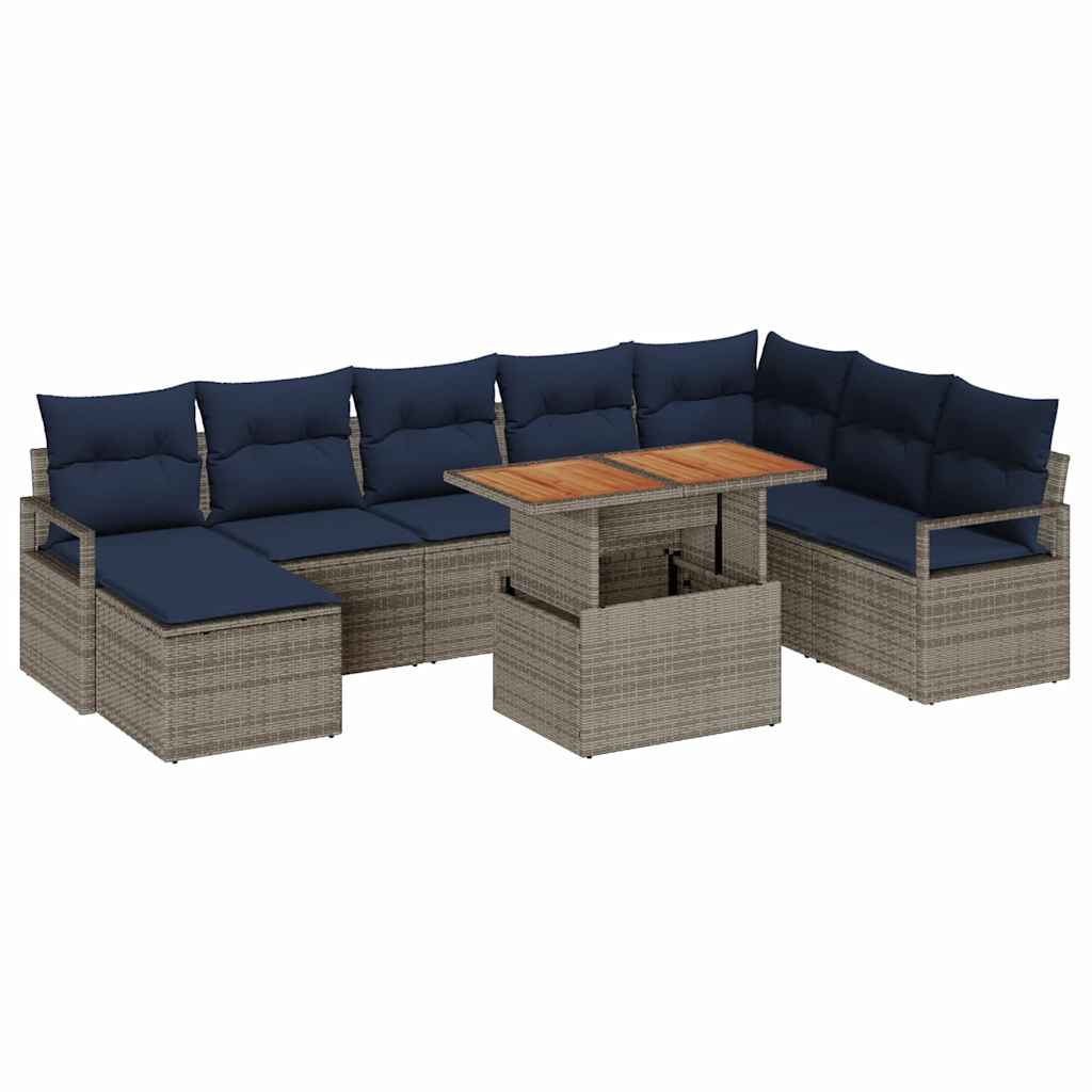 vidaXL Tuin Eetset met kussen 9 pcs Grijs en Marineblauw