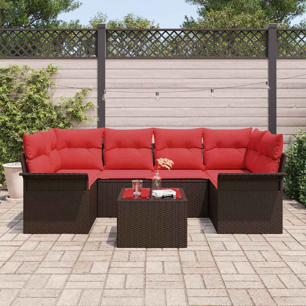 vidaXL Tuin Sofa Set met kussen 7 pcs Beige en Rood poly rattan