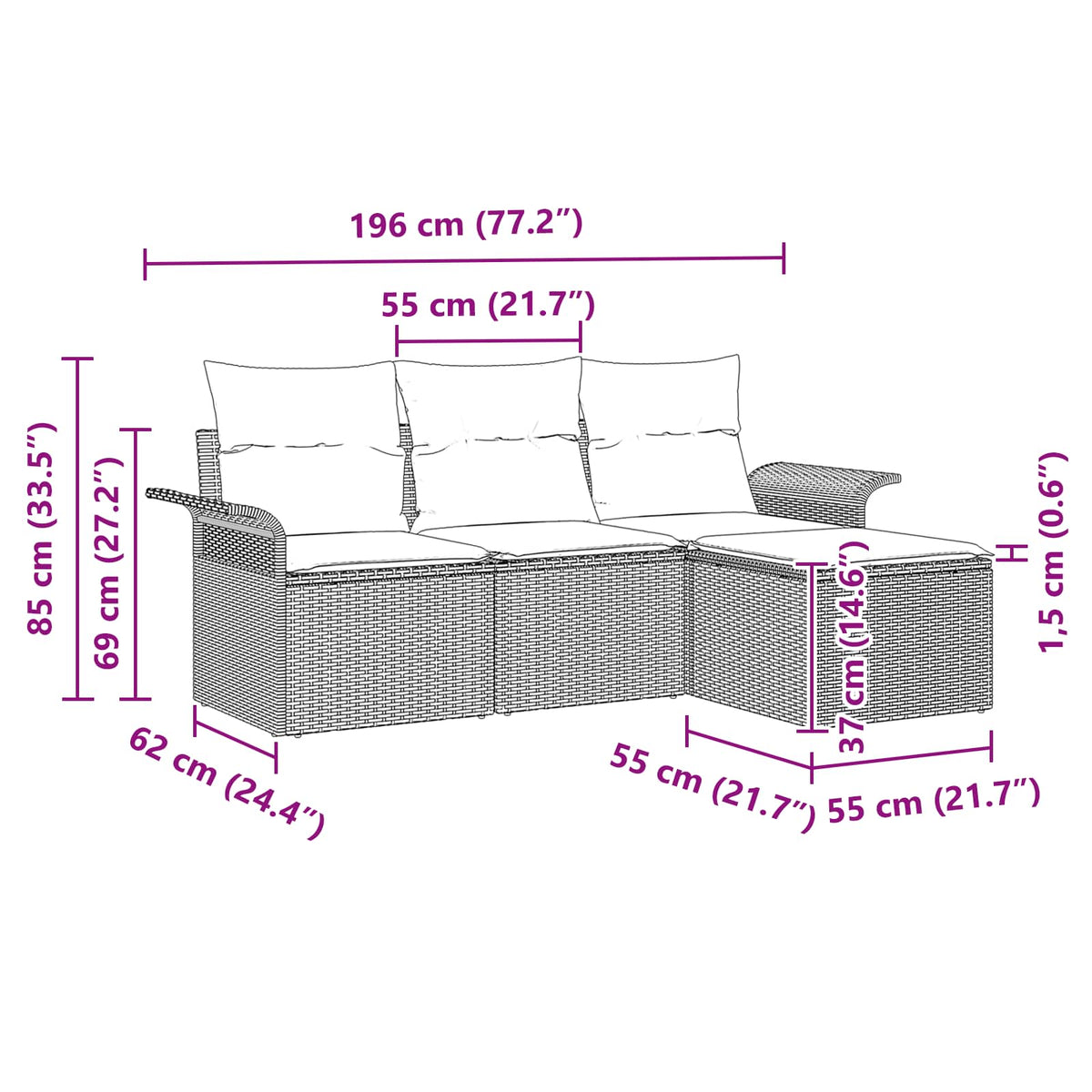 vidaXL Tuin Sofa Set met kussen met opslag 4 pcs Bruin poly rattan