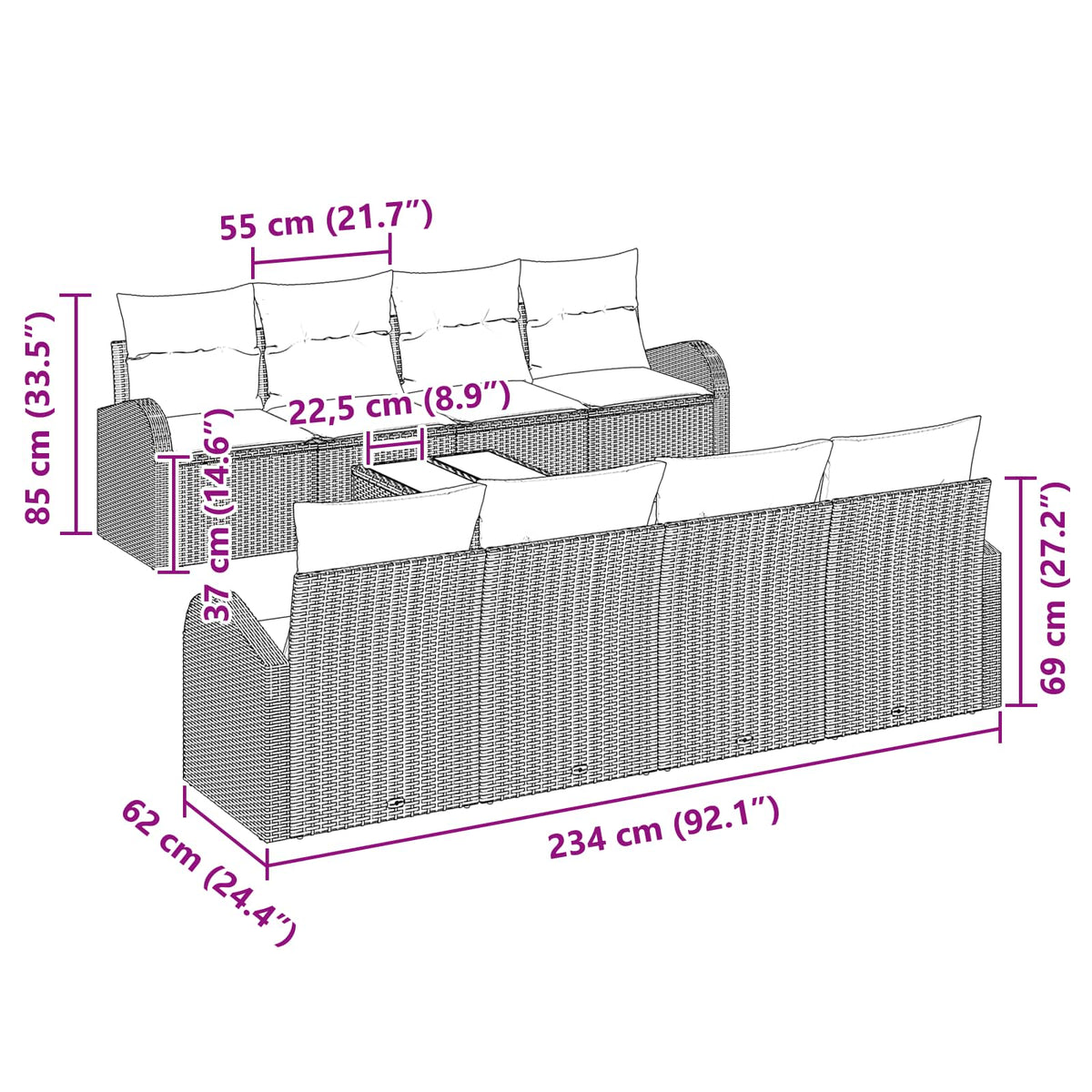 vidaXL Bankstel met kussen met opslag 9 pcs Beige en Rood poly rattan