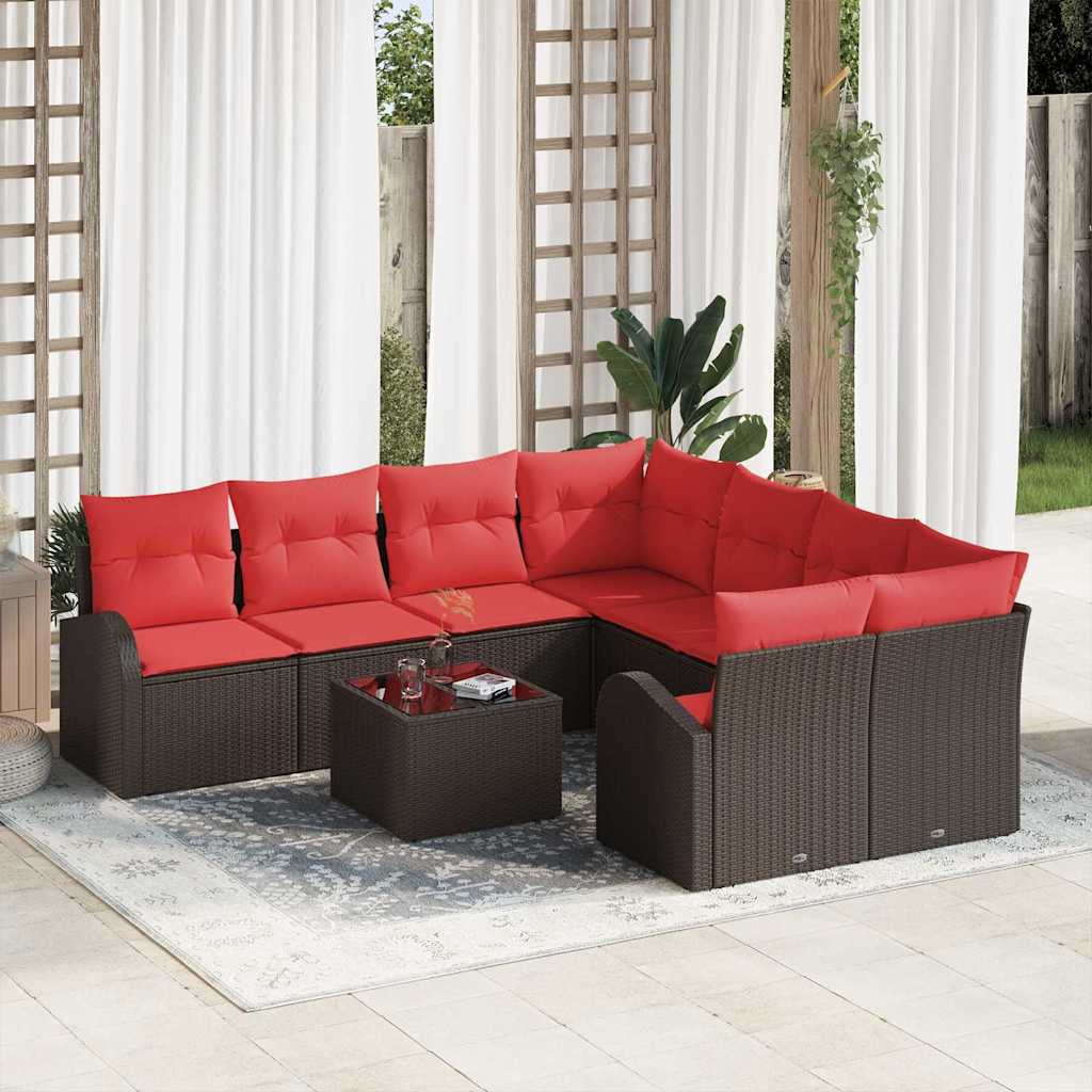 vidaXL Bankstel met kussen met opslag 9 pcs Beige en Rood poly rattan