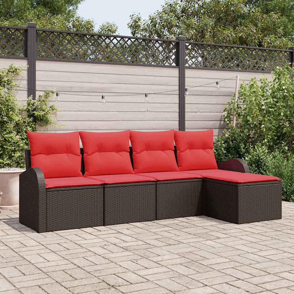 vidaXL Bankstel met kussen met opslag 5 pcs Bruin en Rood poly rattan