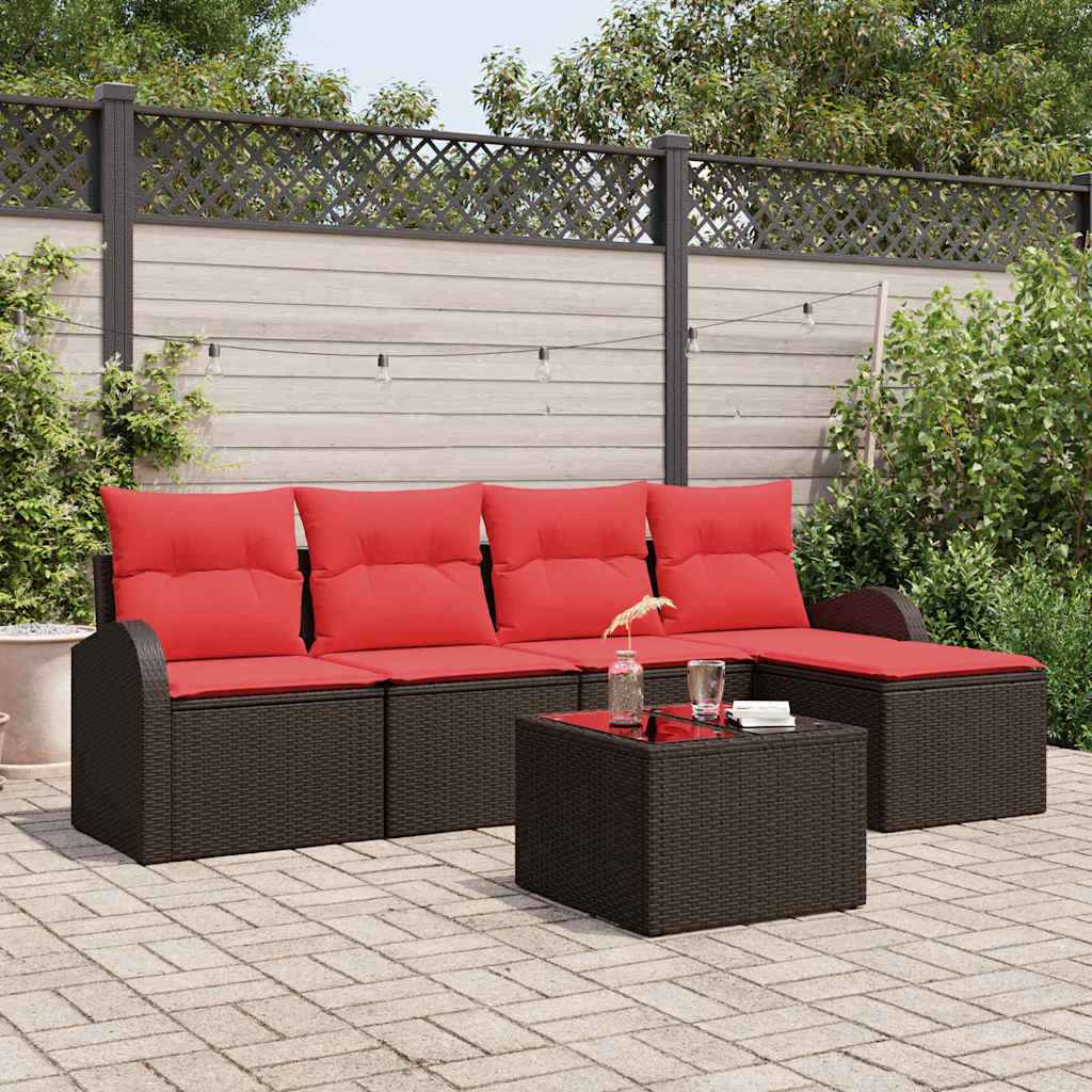vidaXL Bankstel met kussen met opslag 5 pcs Bruin en Rood poly rattan