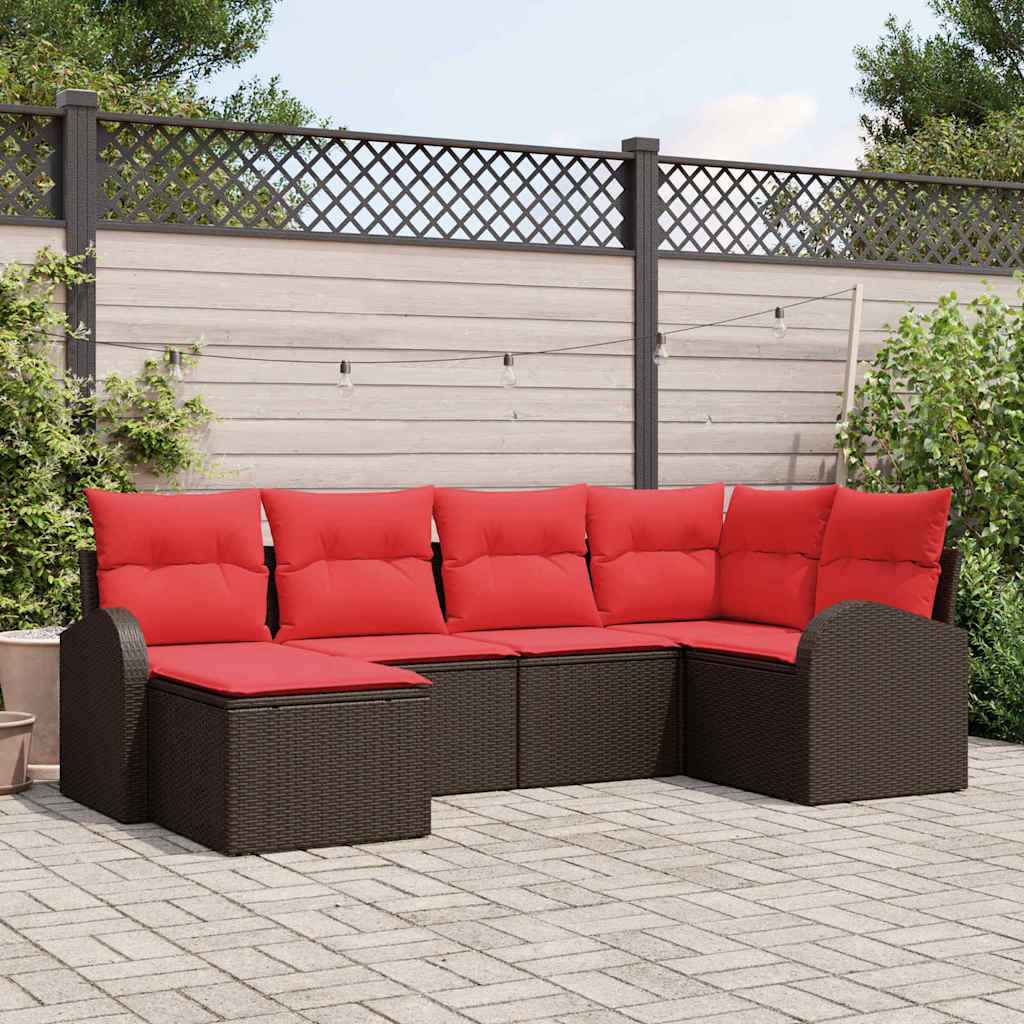 vidaXL Bankstel met kussen met opslag 6 pcs Bruin en Rood poly rattan