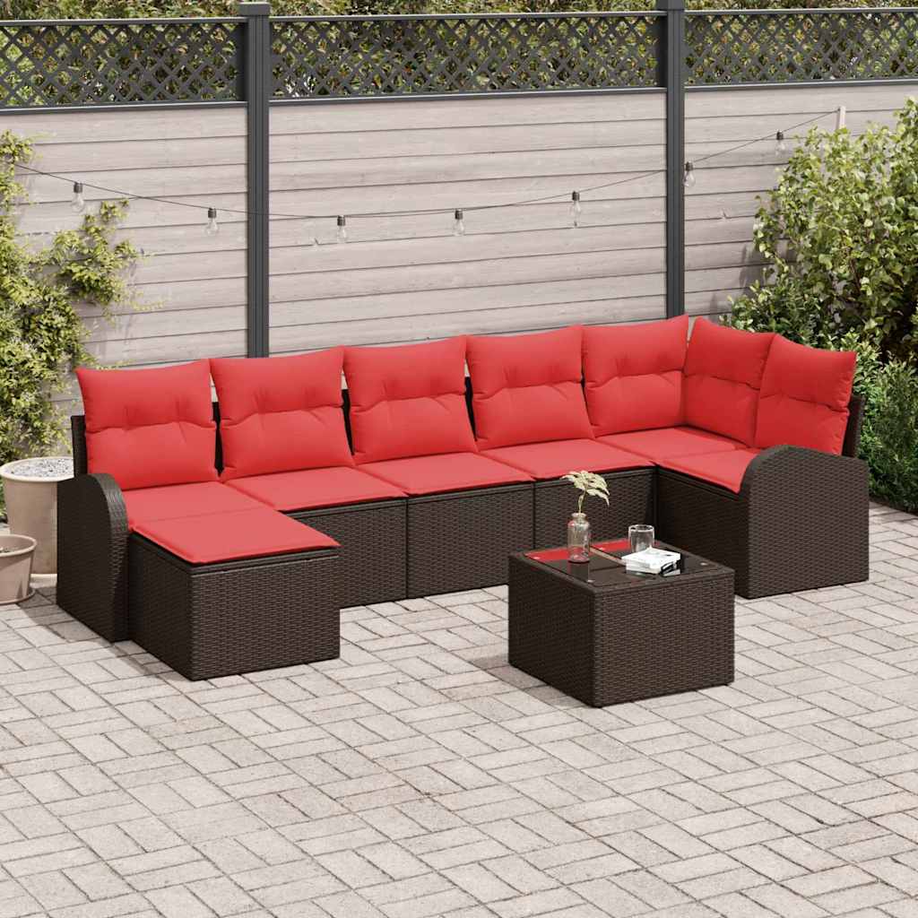 vidaXL Bankstel met kussen met opslag 7 pcs Bruin en Rood poly rattan