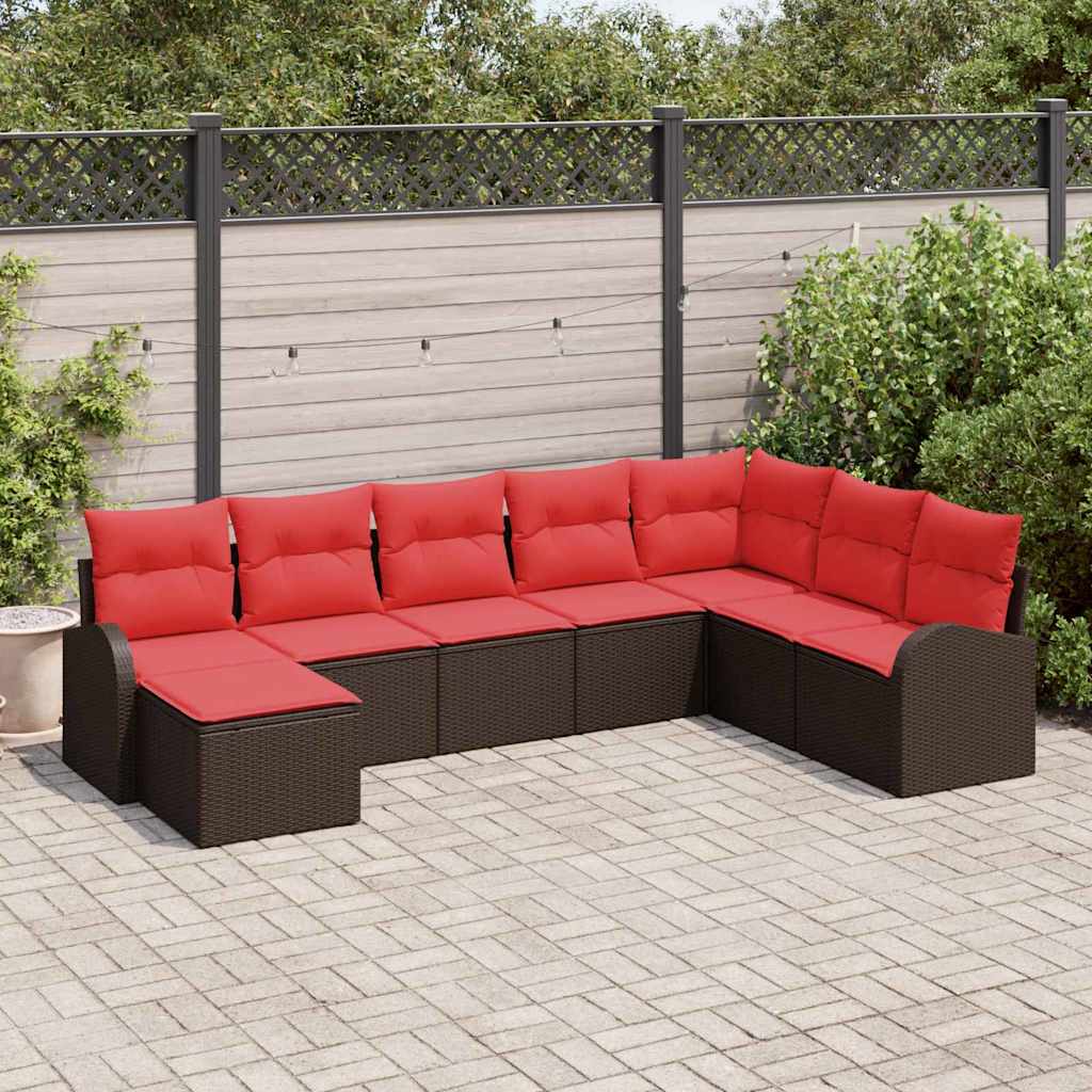 vidaXL Bankstel met kussen met opslag 8 pcs Bruin en Rood poly rattan