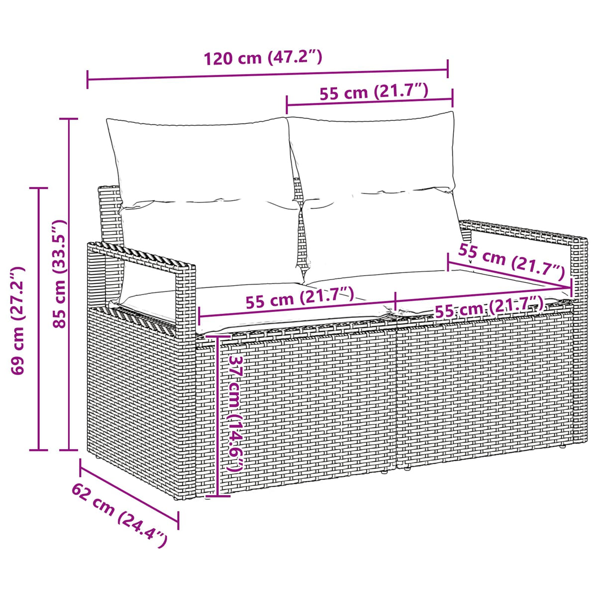vidaXL Bankstel met kussen met opslag 4 pcs Bruin en Rood poly rattan