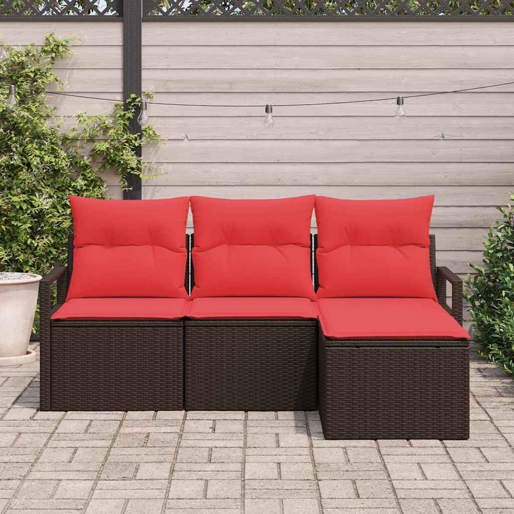 vidaXL Bankstel met kussen met opslag 4 pcs Bruin en Rood poly rattan