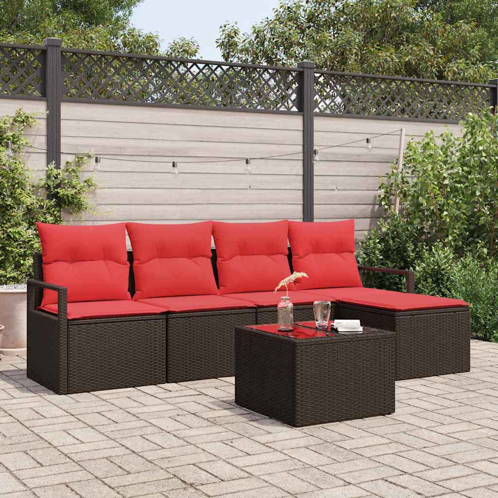 vidaXL Bankstel met kussen met opslag 5 pcs Bruin en Rood poly rattan