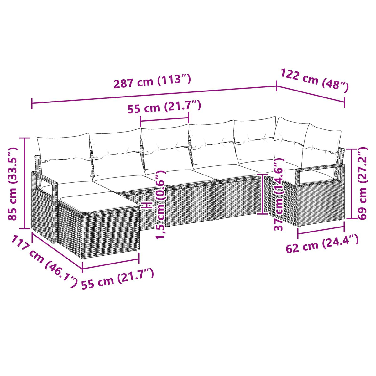 vidaXL Bankstel met kussen met opslag 7 pcs Bruin en Rood poly rattan