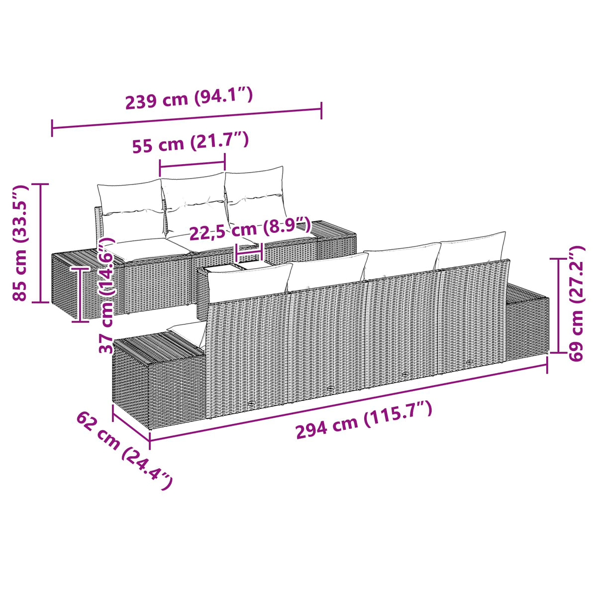 vidaXL Tuin Sofa Set 8 st Beige en Rood poly rattan