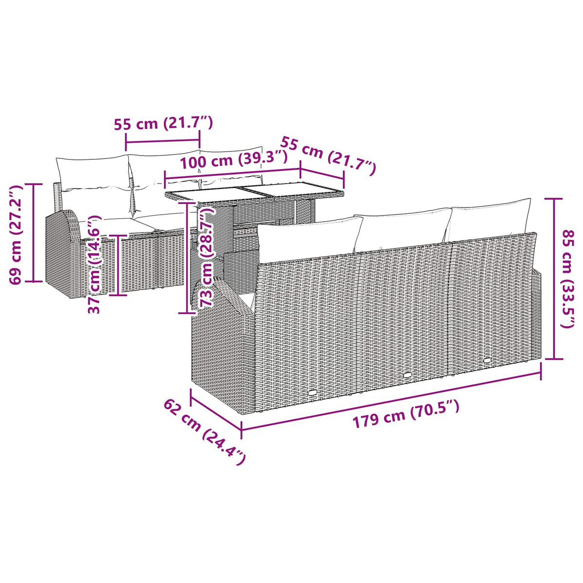 vidaXL Tuin Sofa Set met kussen met opslag 7 pcs Bruin Poly Rattan
