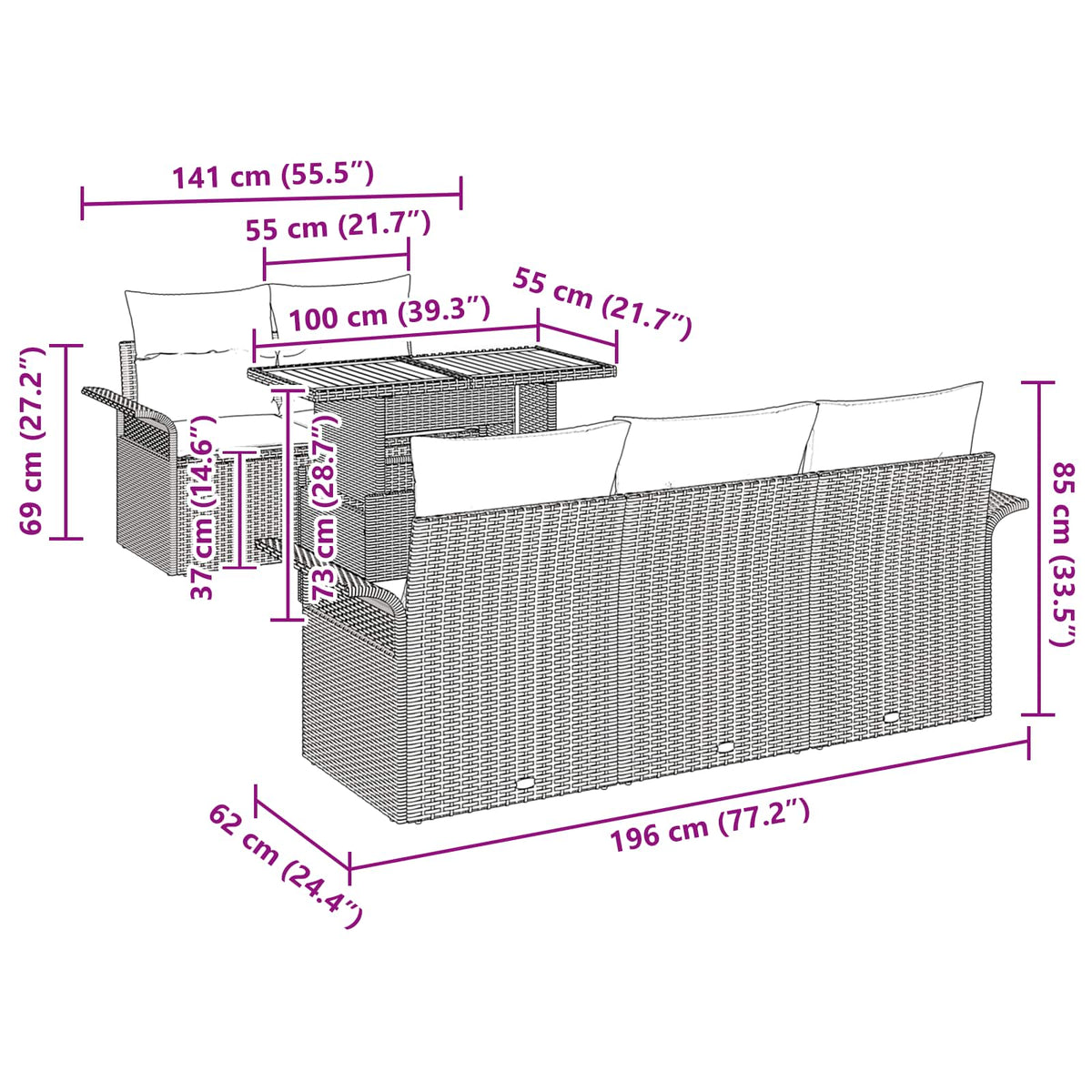 vidaXL Tuin Sofa Set met opslag 6 pcs Grijs Poly riet