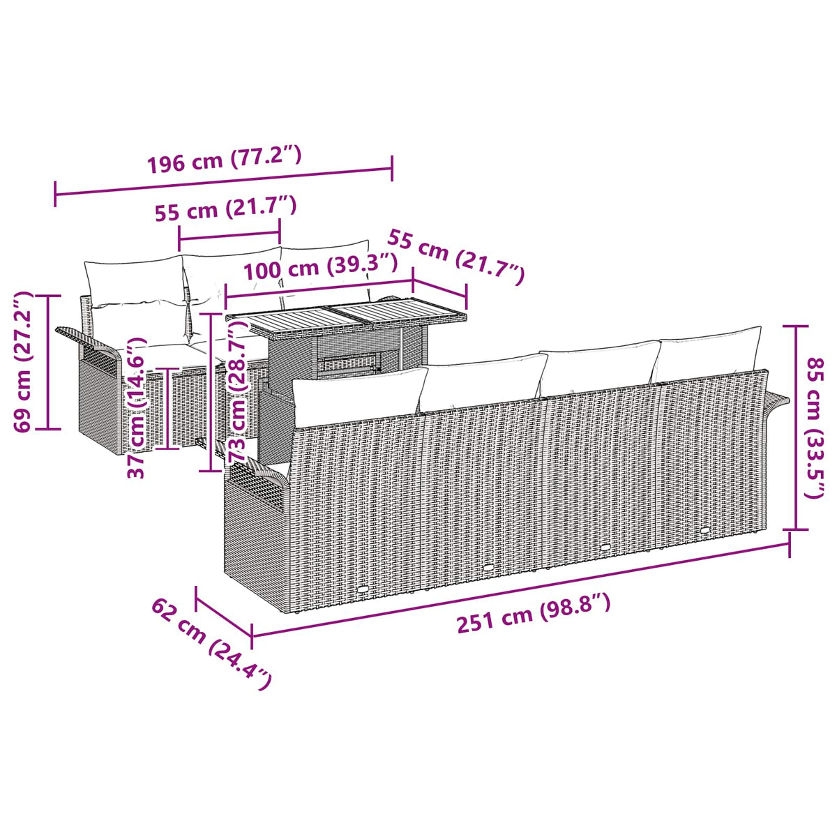 vidaXL Tuin Sofa Set met opslag 8 pcs Grijs Poly riet
