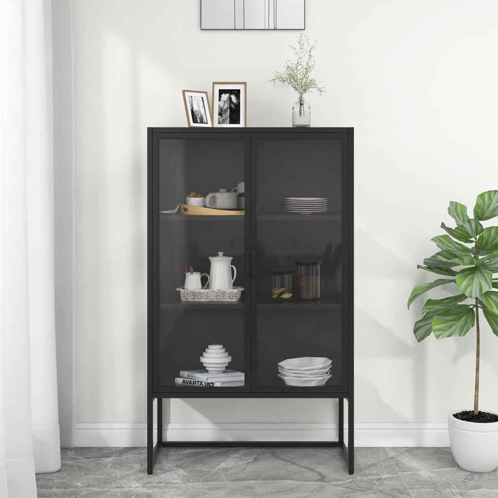 vidaXL Hoge kast 80x35x135 cm staal en gehard glas zwart