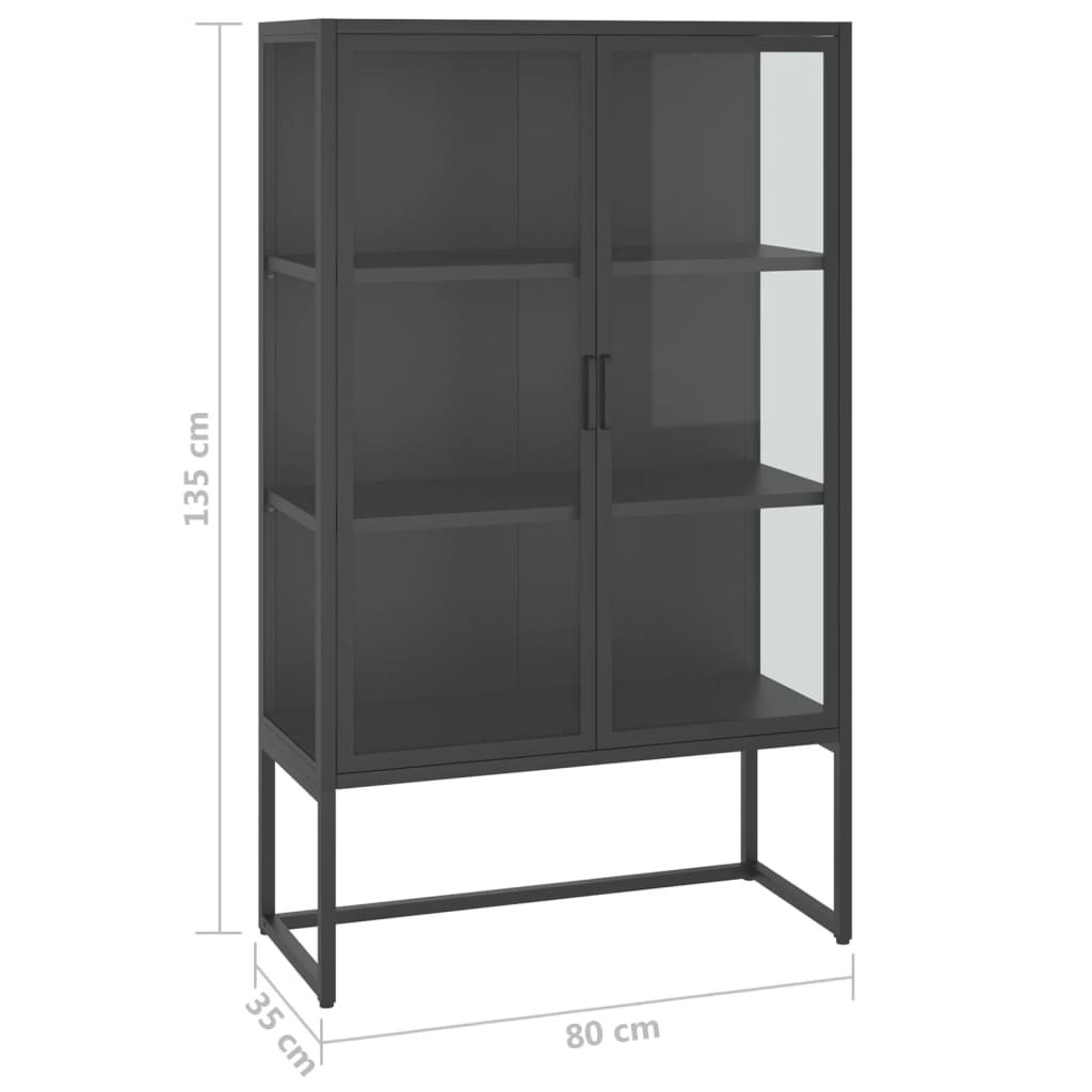 vidaXL Hoge kast 80x35x135 cm staal en gehard glas zwart