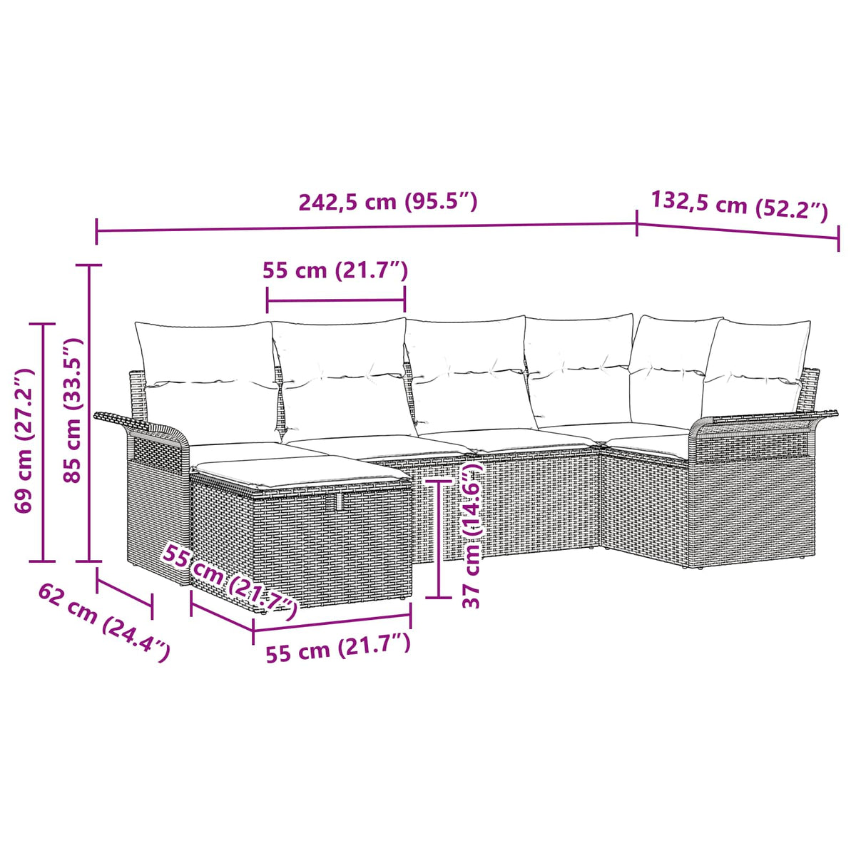 vidaXL Tuin Sofa Set met kussen 6 pcs Zwart en Turquoise poly rattan