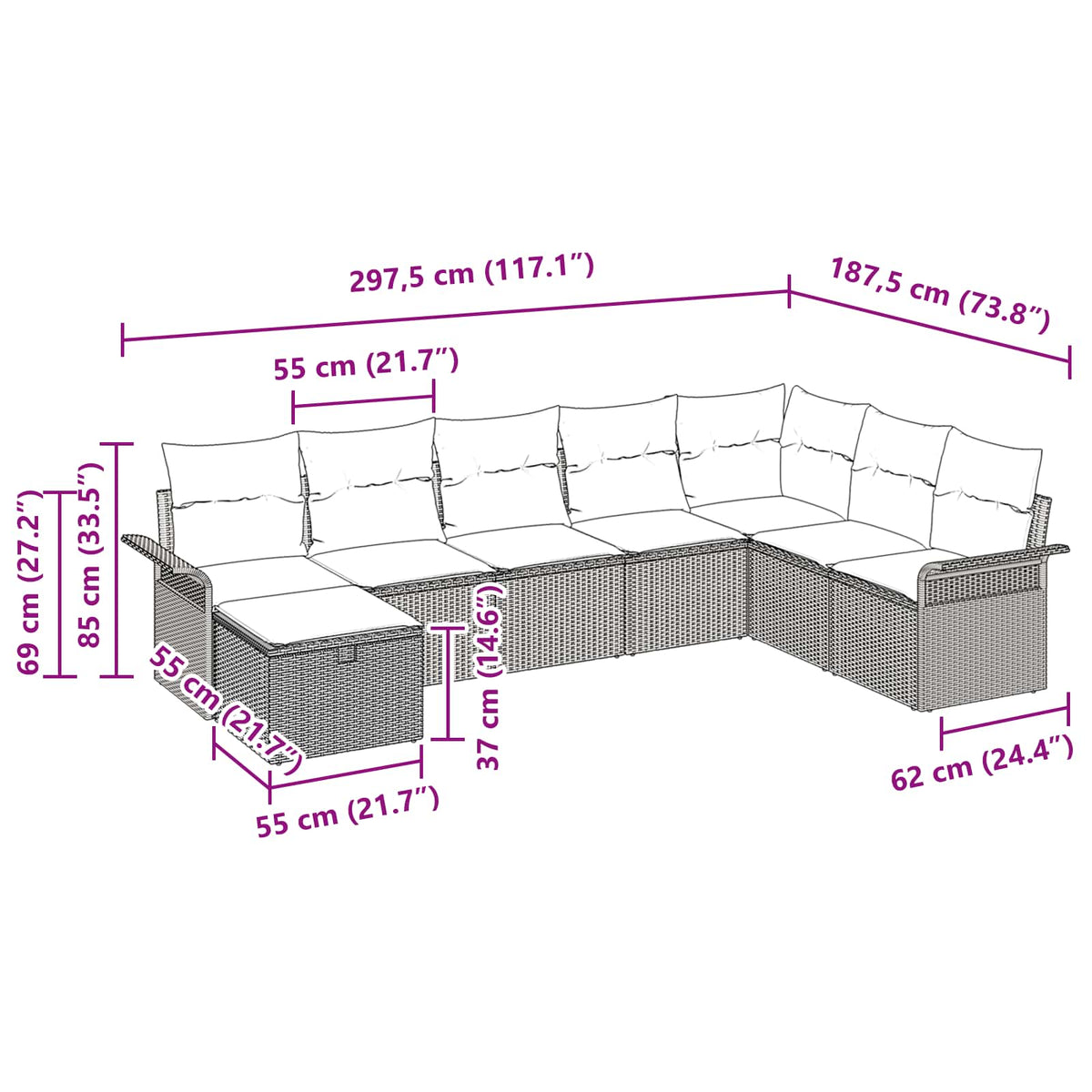 vidaXL Tuin Sofa Set met kussen 8 pcs Zwart en Turquoise poly rattan
