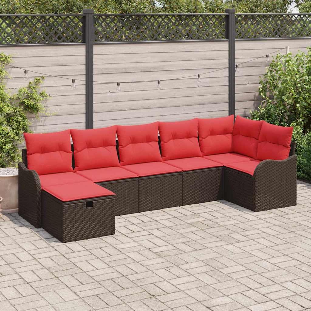 vidaXL Bankstel met kussen met opslag 7 pcs Bruin en Rood poly rattan