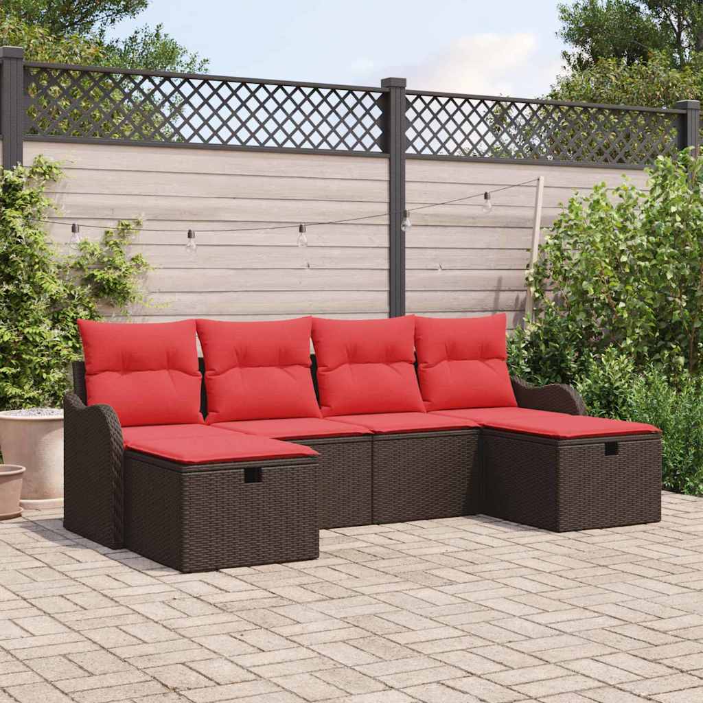 vidaXL Bankstel met kussen met opslag 6 pcs Bruin en Rood poly rattan