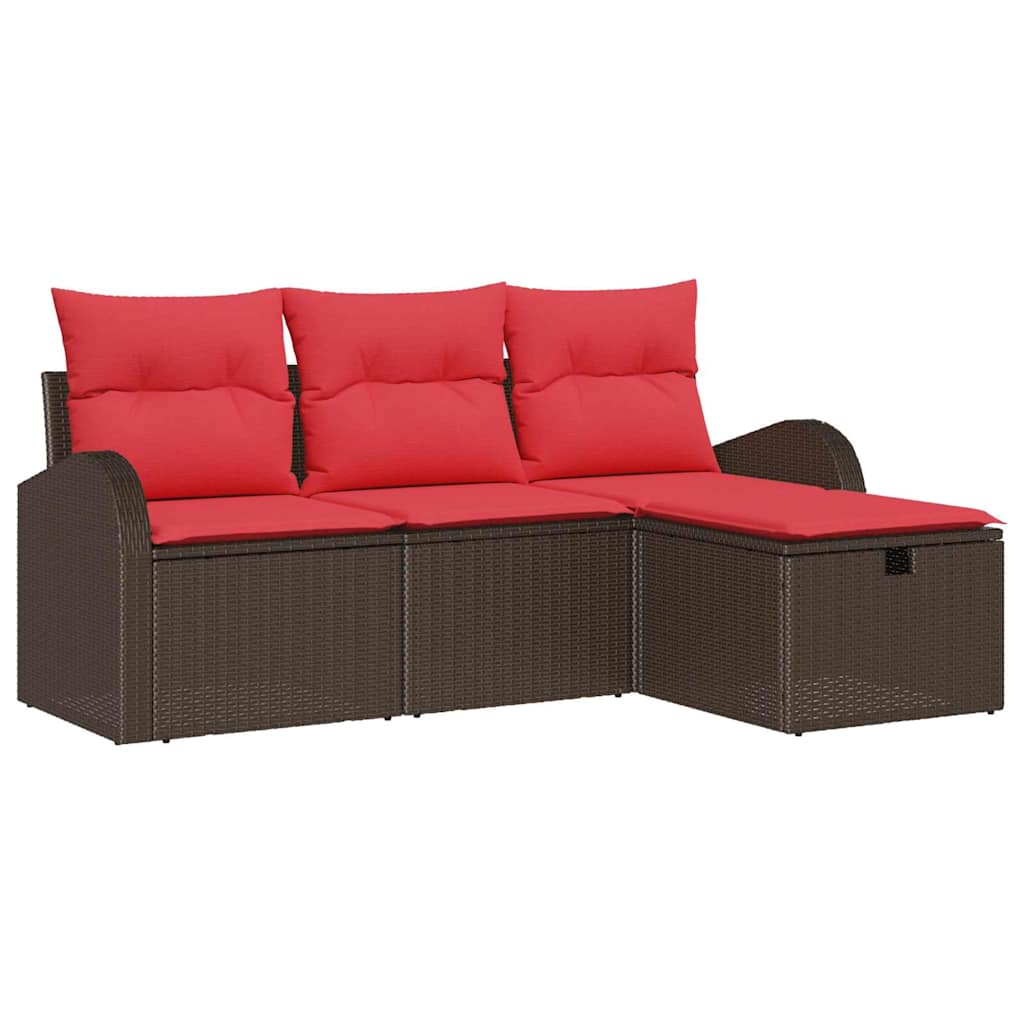 vidaXL Bankstel met kussen met opslag 4 pcs Bruin en Rood poly rattan