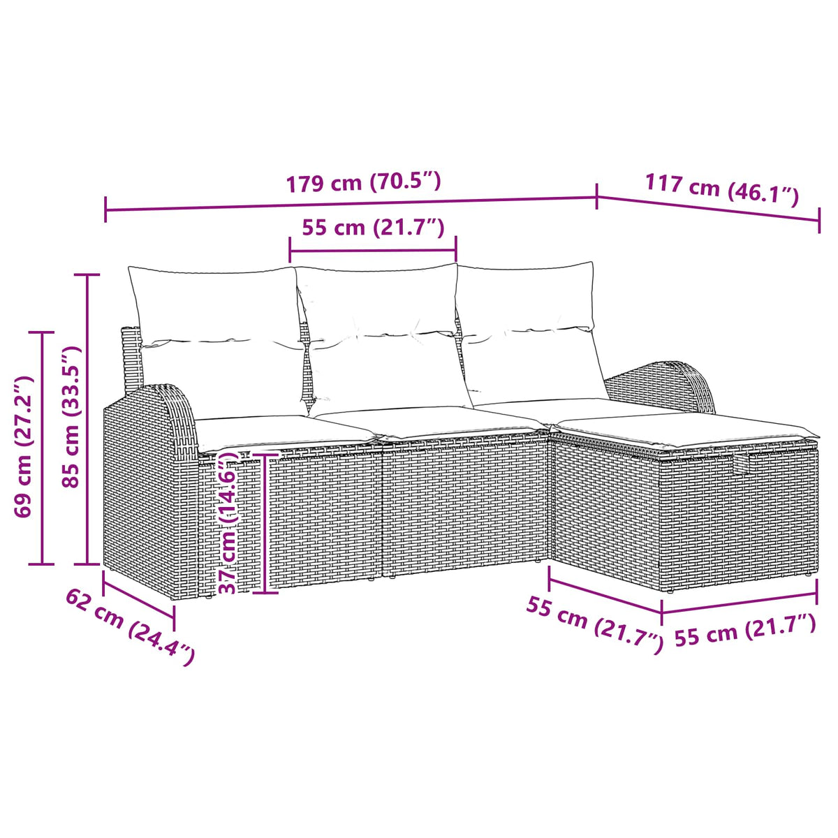 vidaXL Bankstel met kussen met opslag 4 pcs Bruin en Rood poly rattan