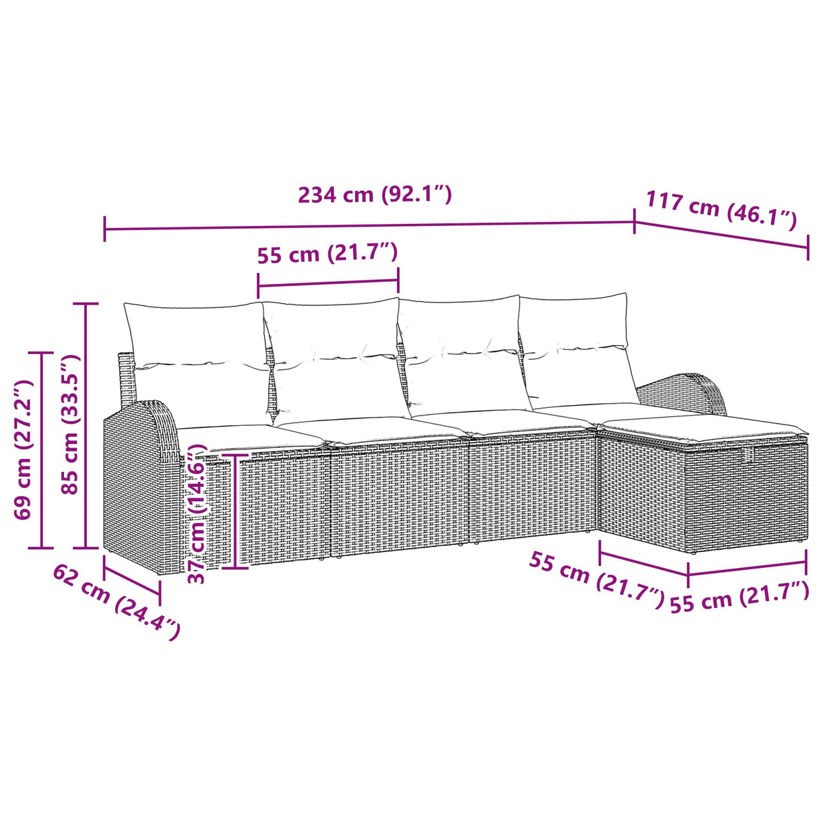 vidaXL Bankstel met kussen met opslag 5 pcs Bruin en Rood poly rattan