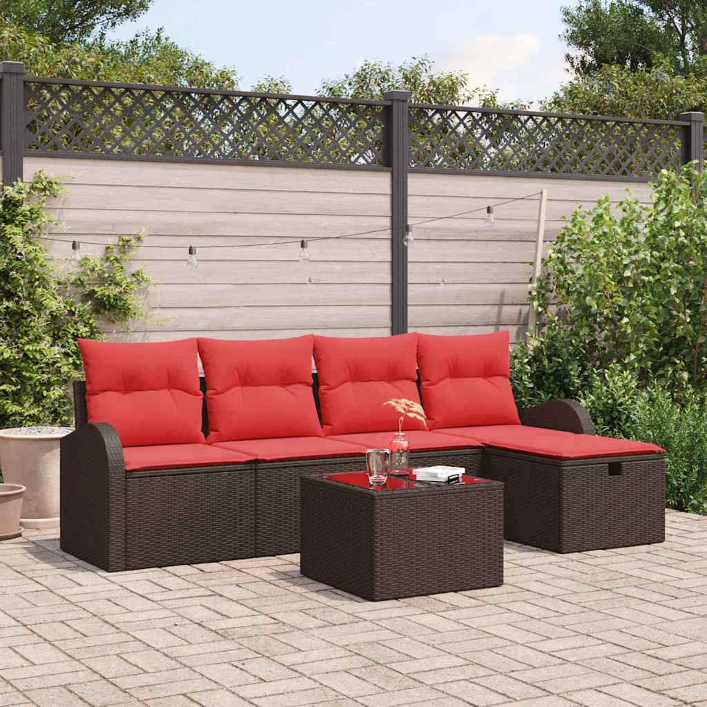 vidaXL Bankstel met kussen met opslag 5 pcs Bruin en Rood poly rattan