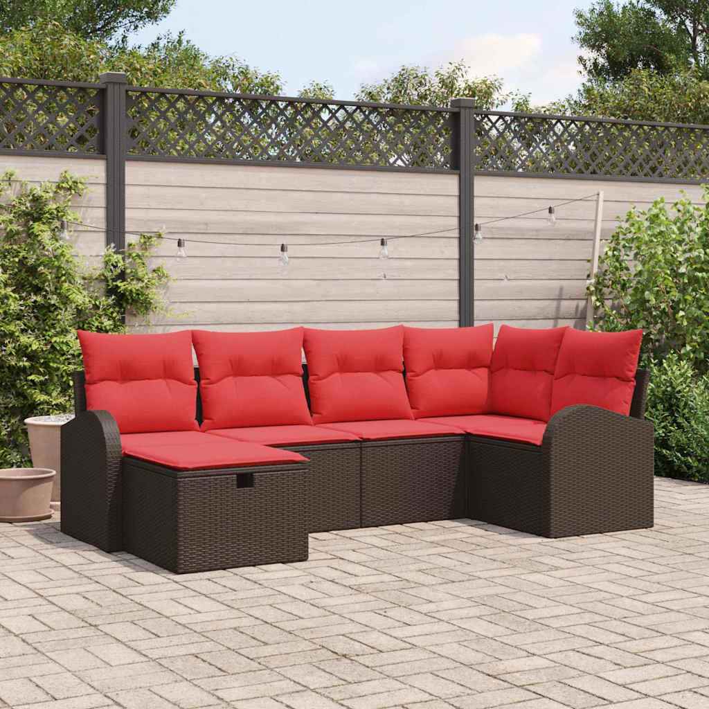 vidaXL Bankstel met kussen met opslag 6 pcs Bruin en Rood poly rattan