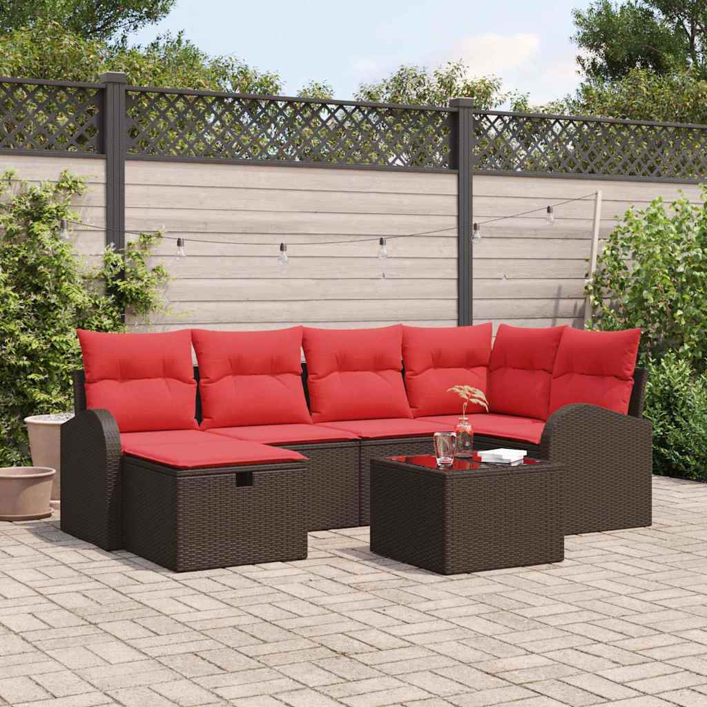 vidaXL Bankstel met kussen met opslag 6 pcs Bruin en Rood poly rattan