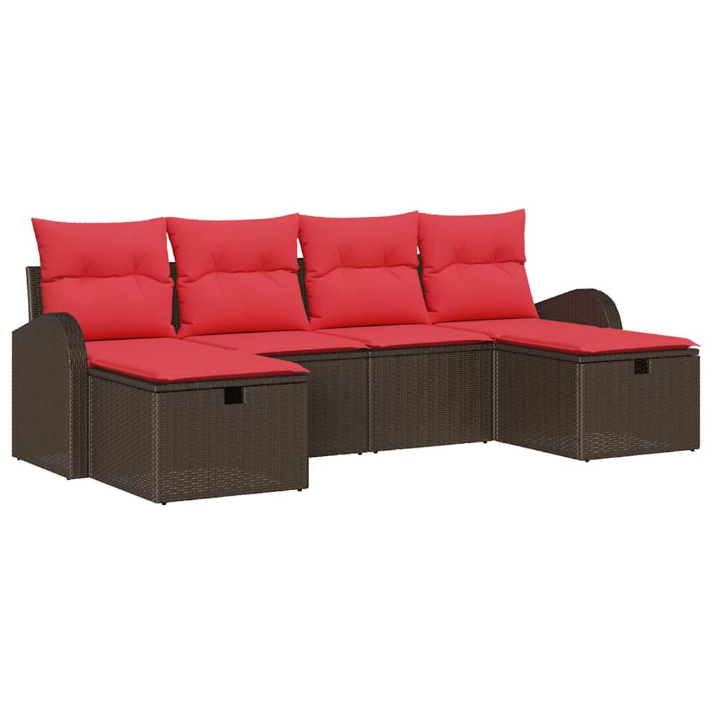 vidaXL Bankstel met kussen met opslag 6 pcs Bruin en Rood poly rattan