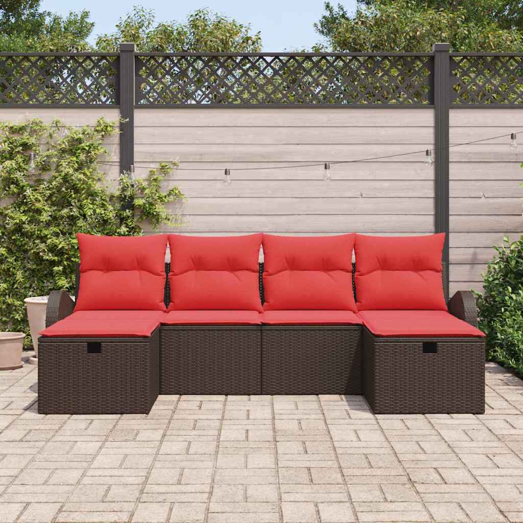 vidaXL Bankstel met kussen met opslag 6 pcs Bruin en Rood poly rattan