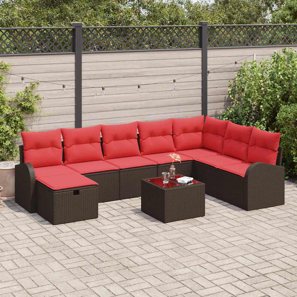 vidaXL Bankstel met kussen met opslag Bruin en Rood poly rattan